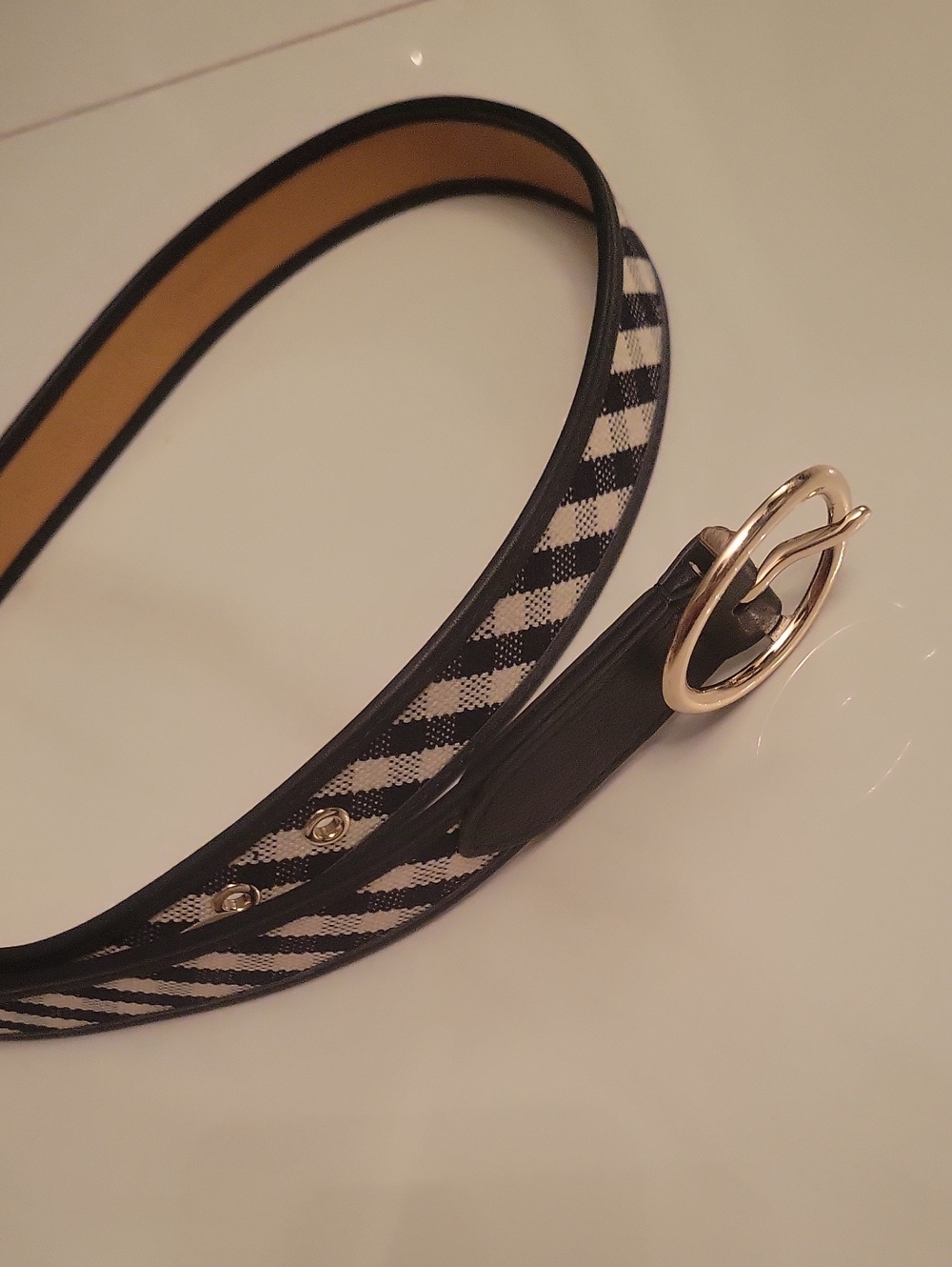 Talbots Black and White Gingham Belt with Gold Buckle
